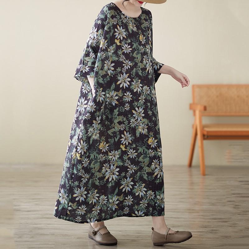 Short Sleeve Plus Size Cotton Linen Vintage Floral New In Dresses for Women Casual Loose Long Summer Dress