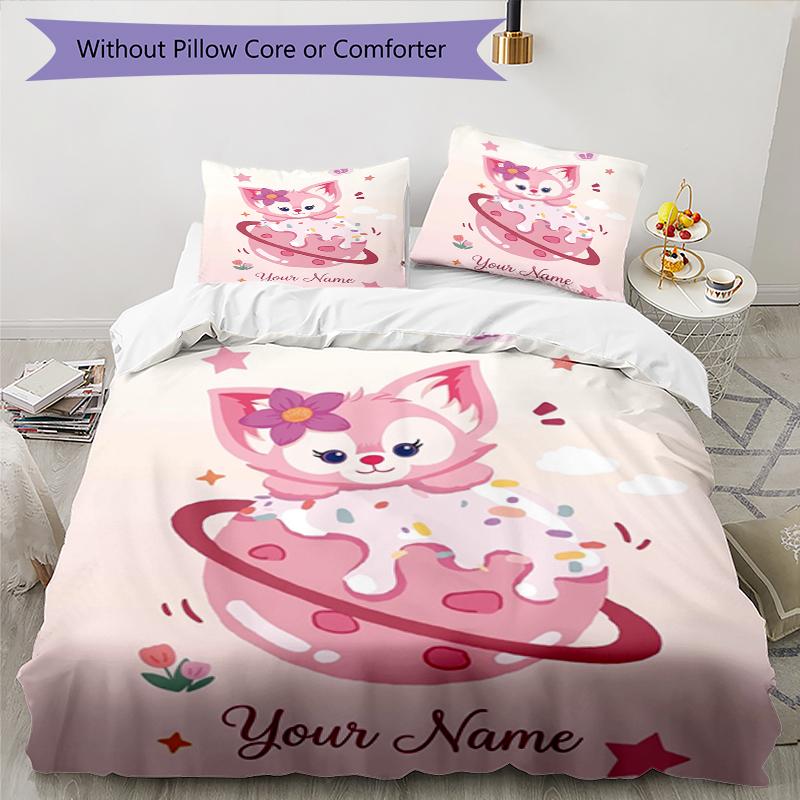 Pink Cat Cake Custom Name Text Print 1Pc Bedding Set Duvet Cover With Two Pillowcases Soft Bed Linen For Household Bedroom