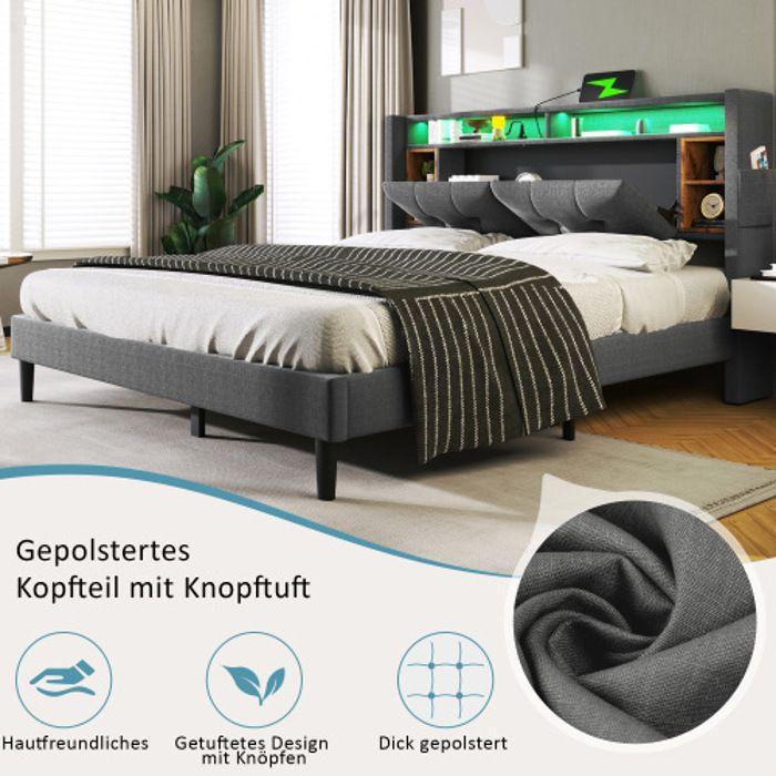 Lit double capitonné - MUVOE - 140x200CM - Avec chargeur USB - Éclairage LED - Rangement intégré