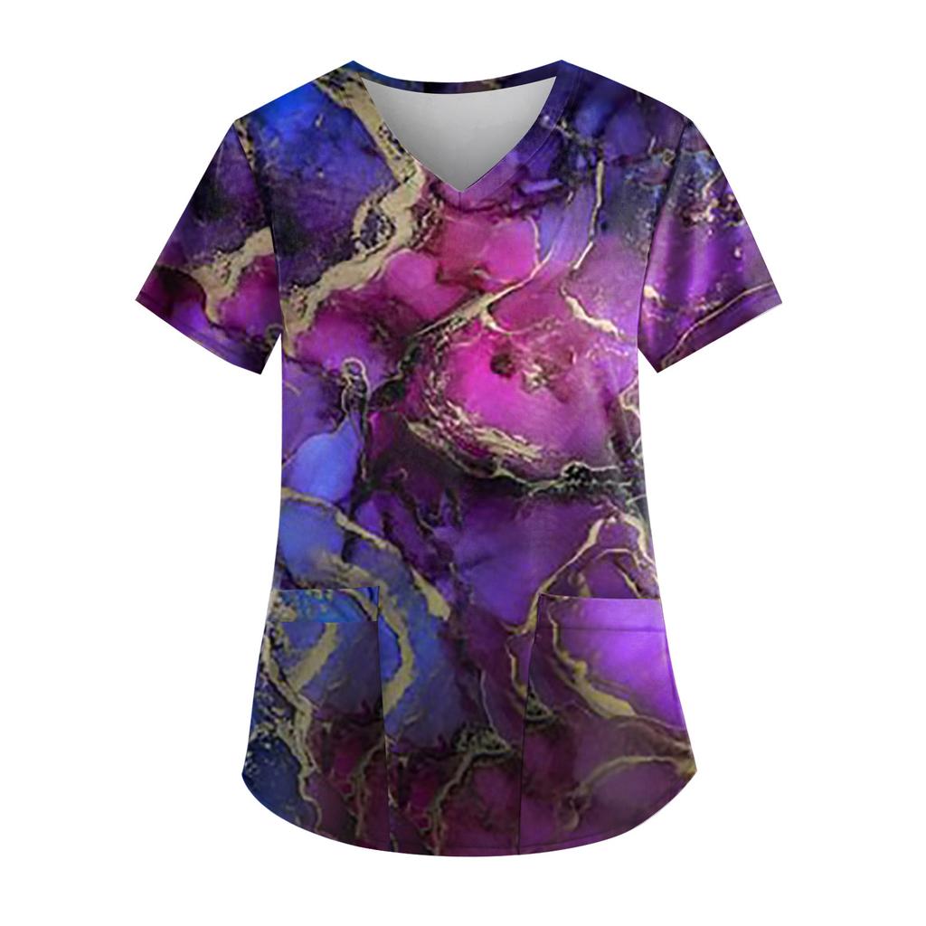 Рабочая форма больших размеров с принтом, топы для женщин, футболки с v-образным вырезом и короткими рукавами, рабочая одежда, футболка с карманами