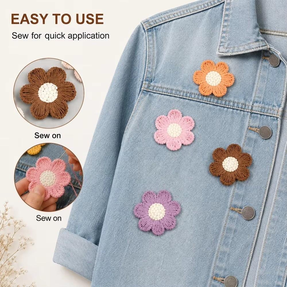 10pcs 6 Petals Design Crochet Flower Patches 10 Pieces Pack Hand Sewn Style Embroidered Appliques 3cm Diameter Colorful Pattern
