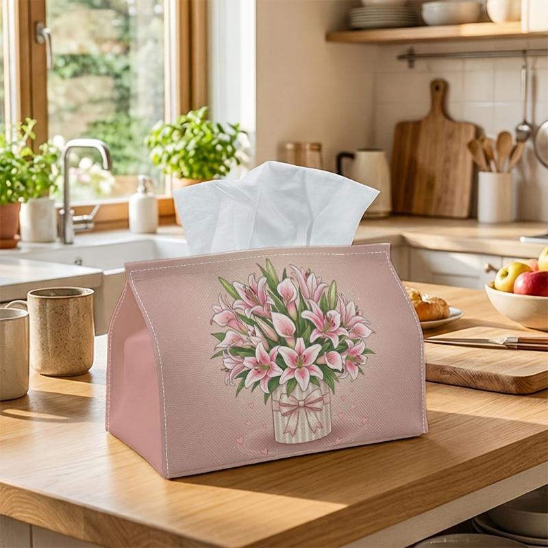 1pc Romantic Lily Bouquet Tissue Holder - A Versatile Napkin Dispenser Available in Two Sizes, Crafted from Sturdy Polyester And Adorned with Pastel P