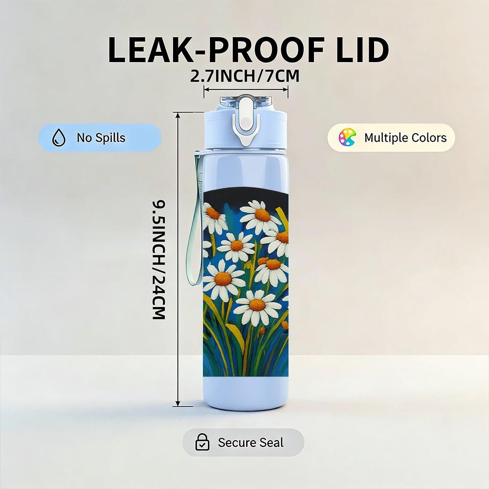 1PC Daisy Flower Window Frame Print 750ml Color Plastic Sports Water Bottle Leakproof Flip Straw Lid Suitable for Sports Office Home Use