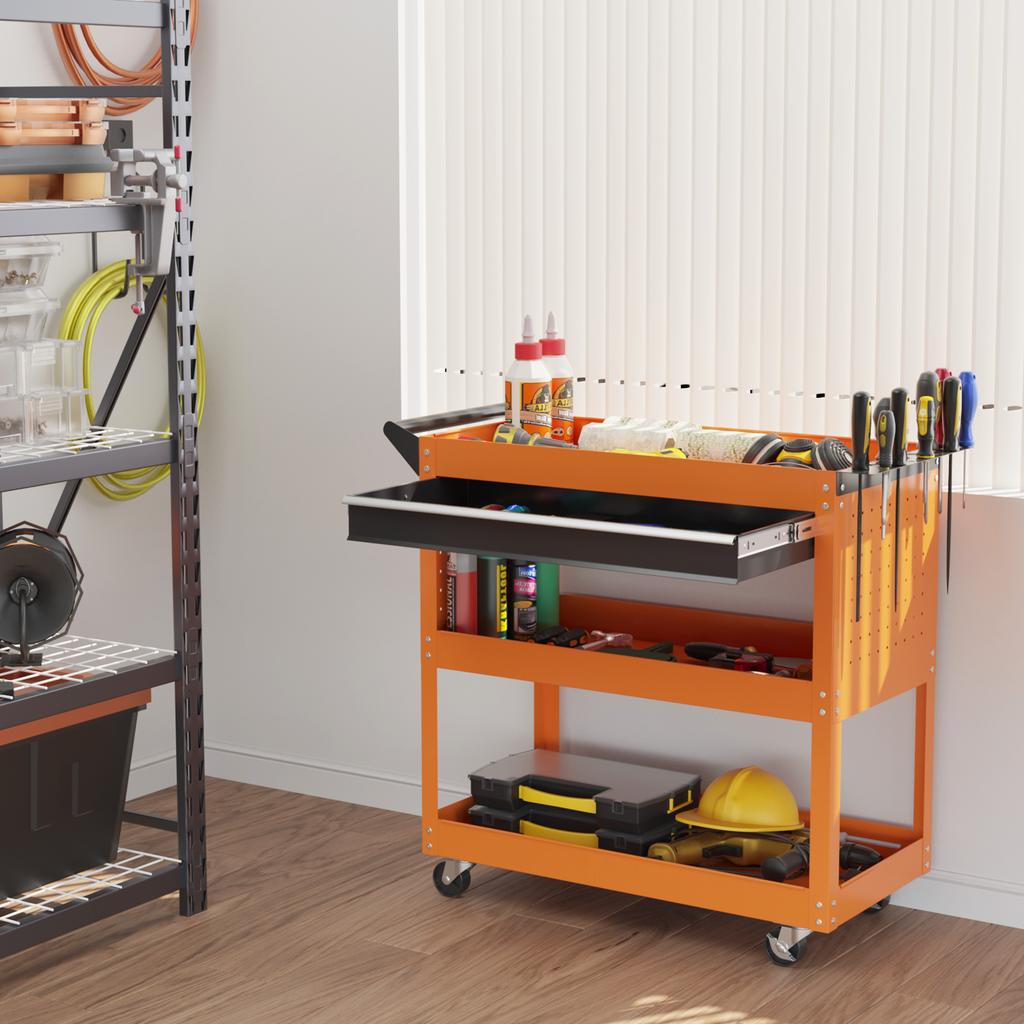 Tool Cart with Side Handle, Drawer and 3 Shelves in Steel, 82x35x76 cm, Orange