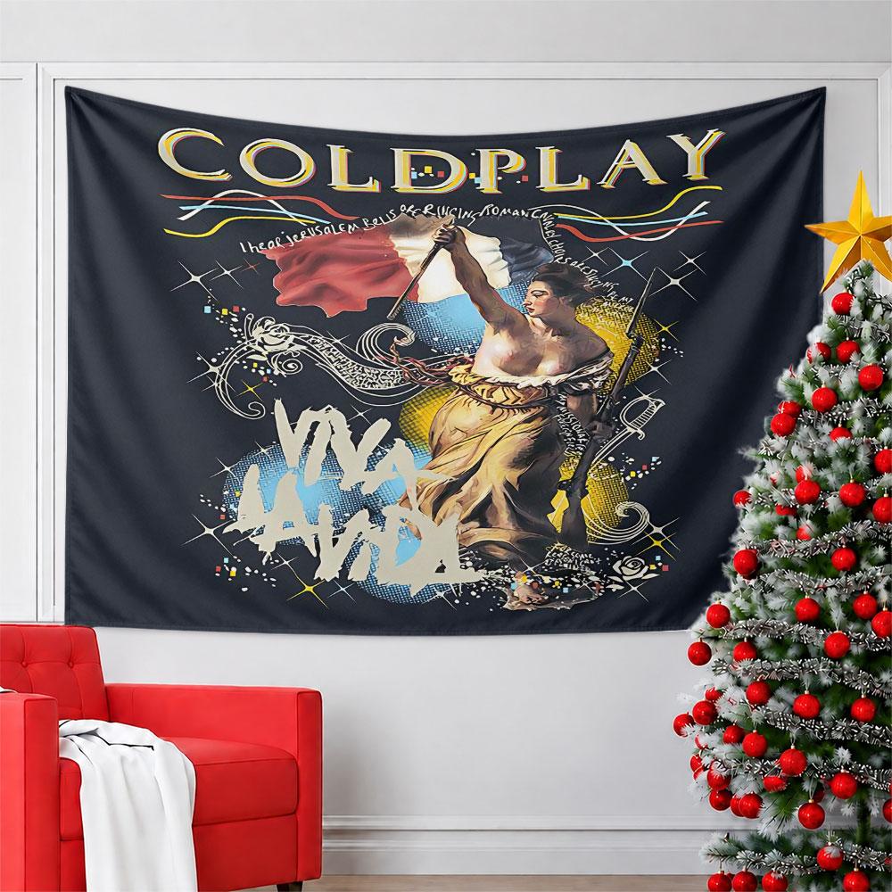 A vibrant artwork featuring "Viva La Vida", the French flag, and Liberty. Patterned tapestry for bedroom and living room home decor