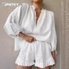 JPNTKY Женский модный повседневный костюм с длинными рукавами и V-образным вырезом, состоящий из брюк и брюк