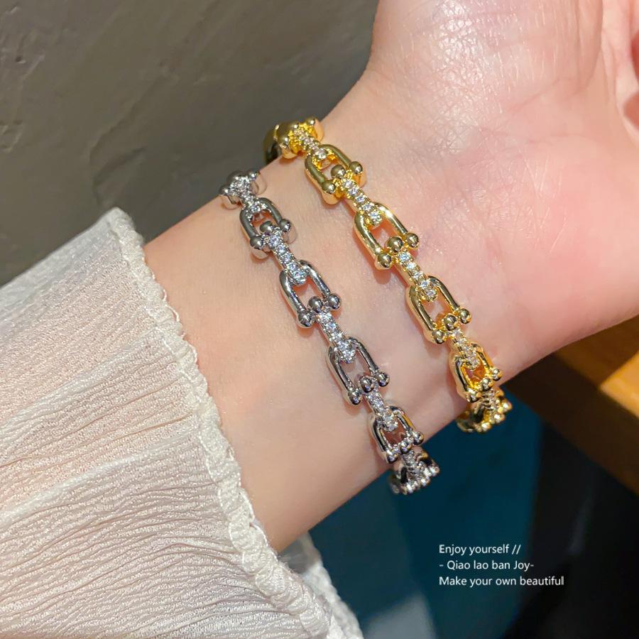 18K Gold Plated Zircon Letter Buckle Bracelet, Luxury Vintage Women's Bangle