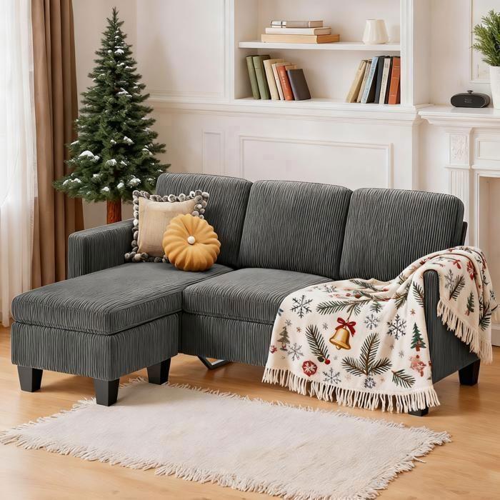 Reversible corner sofa - Bealife - Modular L-shaped sofa - 3 places - Pouf - Corduroy - Gray - 188 x 136 x 89 cm