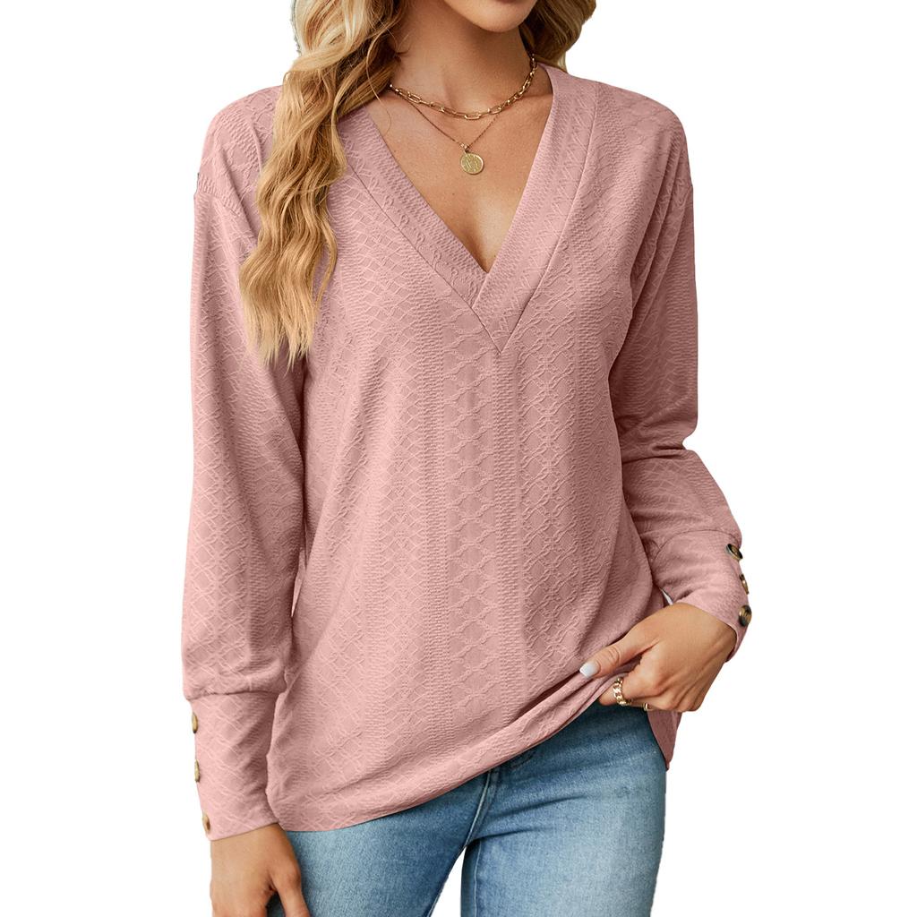 2024 Европейская и Американская осень/зима Новая однотонная свободная футболка с V-образным вырезом и пуговицами для женщин