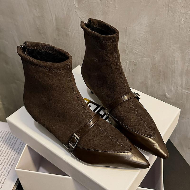 Зимние женские ботильоны с острым носком из замши, элегантные туфли на среднем каблуке 2025 года, модные сексуальные туфли-лодочки с пряжкой в готическом стиле, челси, Botas Mujer