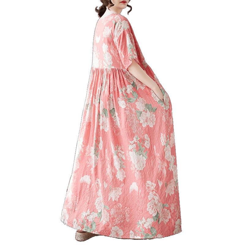 Летнее новое простое богемное длинное платье, расширенное и увеличенное, с короткими рукавами и круглым вырезом, с принтом, женская одежда