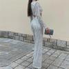2Pcs/Set Women Party Outfit Set Cropped Tops O-neck Long Sleeve Tassel Sequin High Waist Wide Leg Long Pants Set