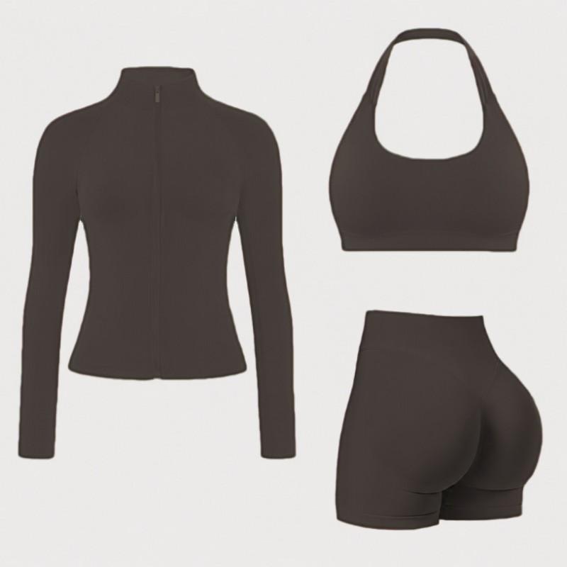Womens 3-Piece Yoga Set: High-Support Sports Bra Legging Shorts Lightweight Jacket Gym Fitness Workout