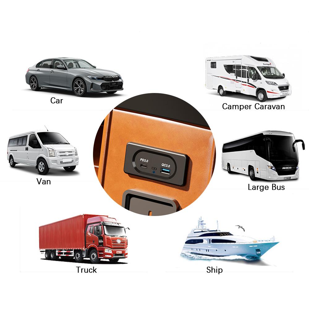 PD3.0 Type-C Port Adapter Car USB Outlet Dual USB Charger Outlet Quick Charge Panel Wall Mount LED Light 12/24V For Camper Caravan Boat Bus Truck