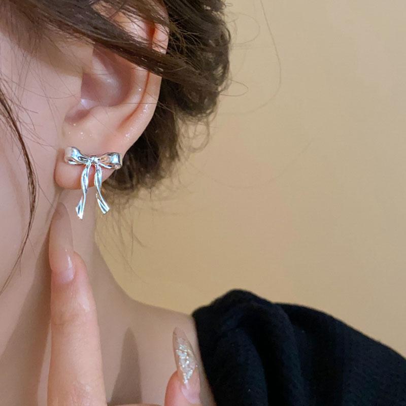 Серьги-гвоздики из серебра S925 с бантом Элегантные Простые Милые Украшения Для Женщин Девочек Тонкий Пирсинг Ушные Аксессуары