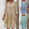 Women Dress V Neck Hollow Out Lace Buttons Three Quarter Sleeves Embroidery Solid Color Loose