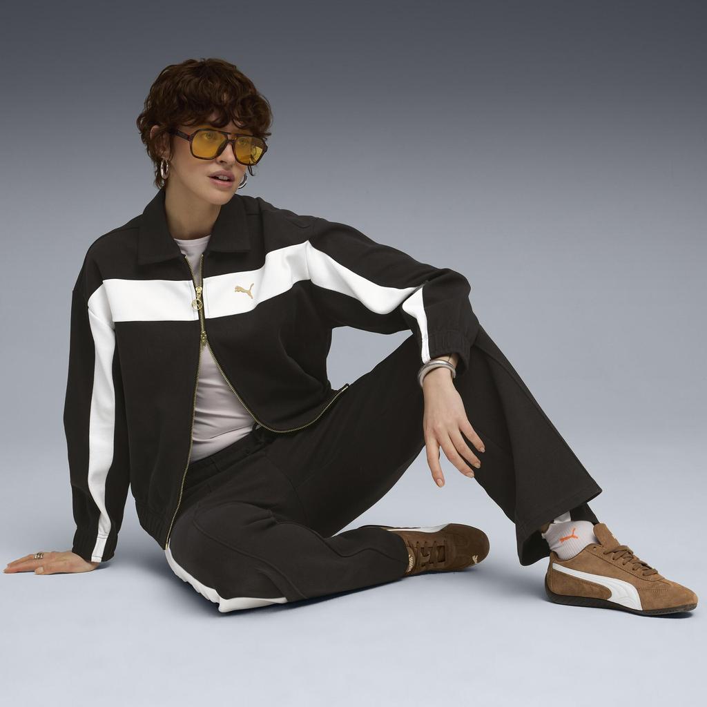 Puma T7 Удобная Универсальная Спортивная Повседневная Куртка Colorblock Укороченная Куртка на Двойной Молнии с Маленьким Логотипом Женская Черная