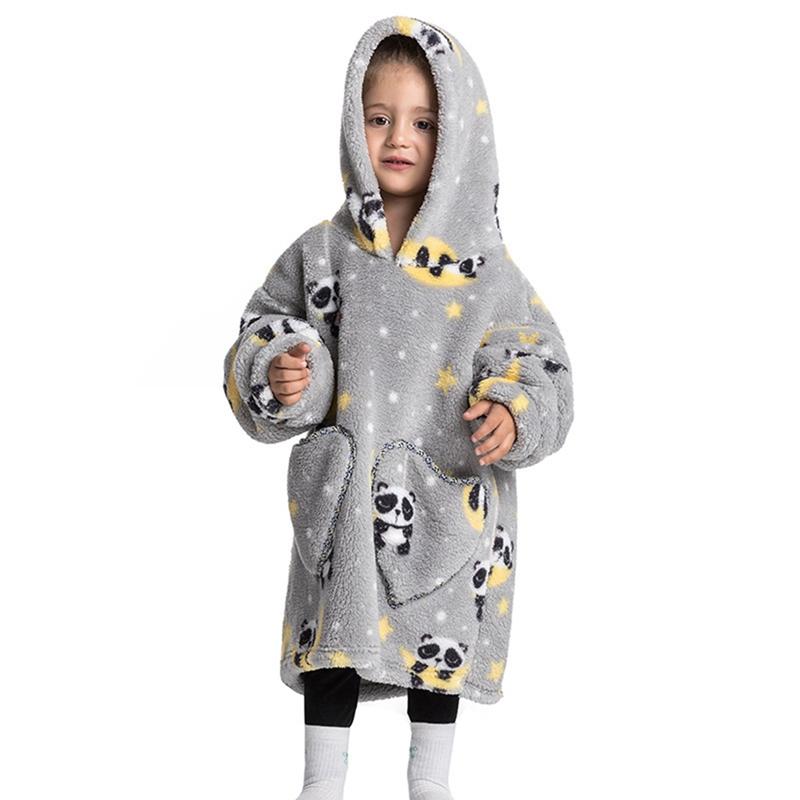 Kids Plush Hooded Pullover Loose Warm Coat Heart Shaped Pocket Cute Cartoon Printed