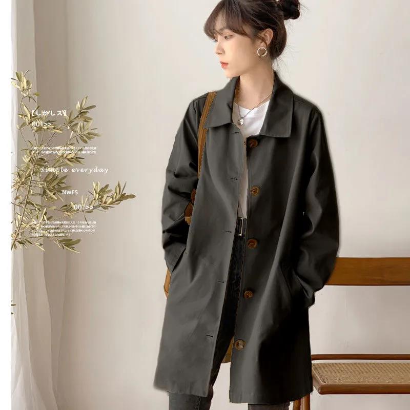 Polo Collar Trench Coat Solid Color Simple Casual Women's Thin Coat Mid Length Loose Single Breasted Design with Lining Cloth Spring Autumn