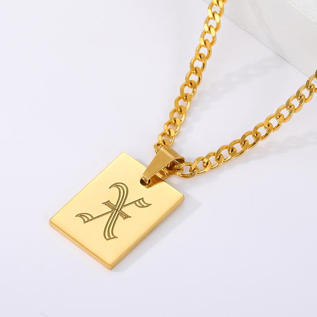 Gothic A -Z Initial Letter Statement Necklace For Women Men Stianless Steel Square Letter Rectangle Medallion Choker Jewelry