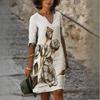 QICED Летнее женское платье из бамбукового волокна с цветочным принтом, рукавами 1/2, с V-образным вырезом и рукавами Five Points, с принтом и свободным льном