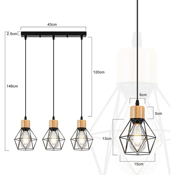 Suspension vintage - NETTLIFE - Suspension vintage - 3 ampoules E27 - Abat-jour métal noir - Pour salle à manger