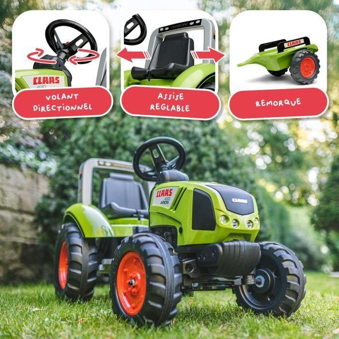 Tracteur à pédales Claas - FALK - Volant directionnel et Remorque - 100% Fabriqué en France - 60% de plastique recyclé - Dès 3 ans.