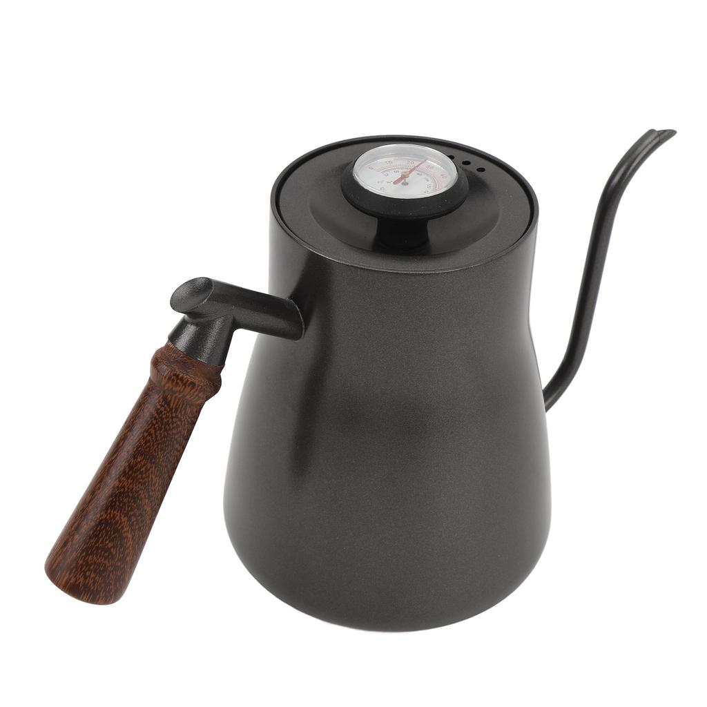 Чайник для кофе 850 мл с термометром, длинным тонким носиком, из нержавеющей стали, деревянной ручкой и гибкой шеей