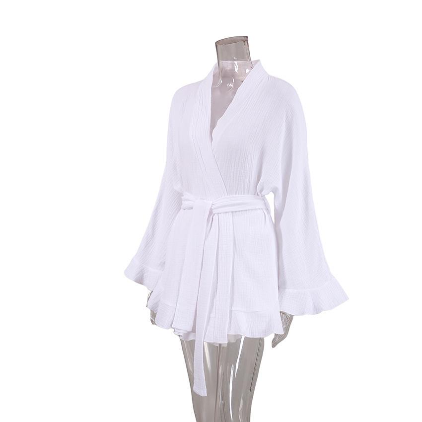 Осенний женский пижамный комплект с оборками, длинными рукавами, халатом из жатого хлопка и шортами