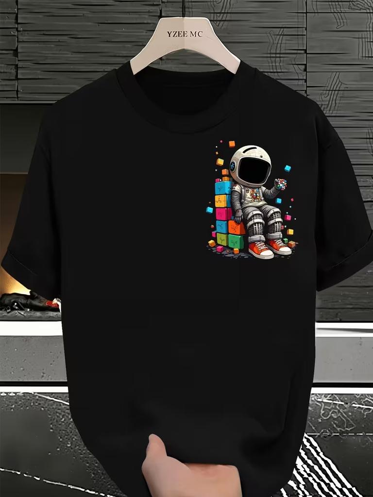Astronaut and Building Block Fusion Design Elements Short-sleeved T-shirt Print