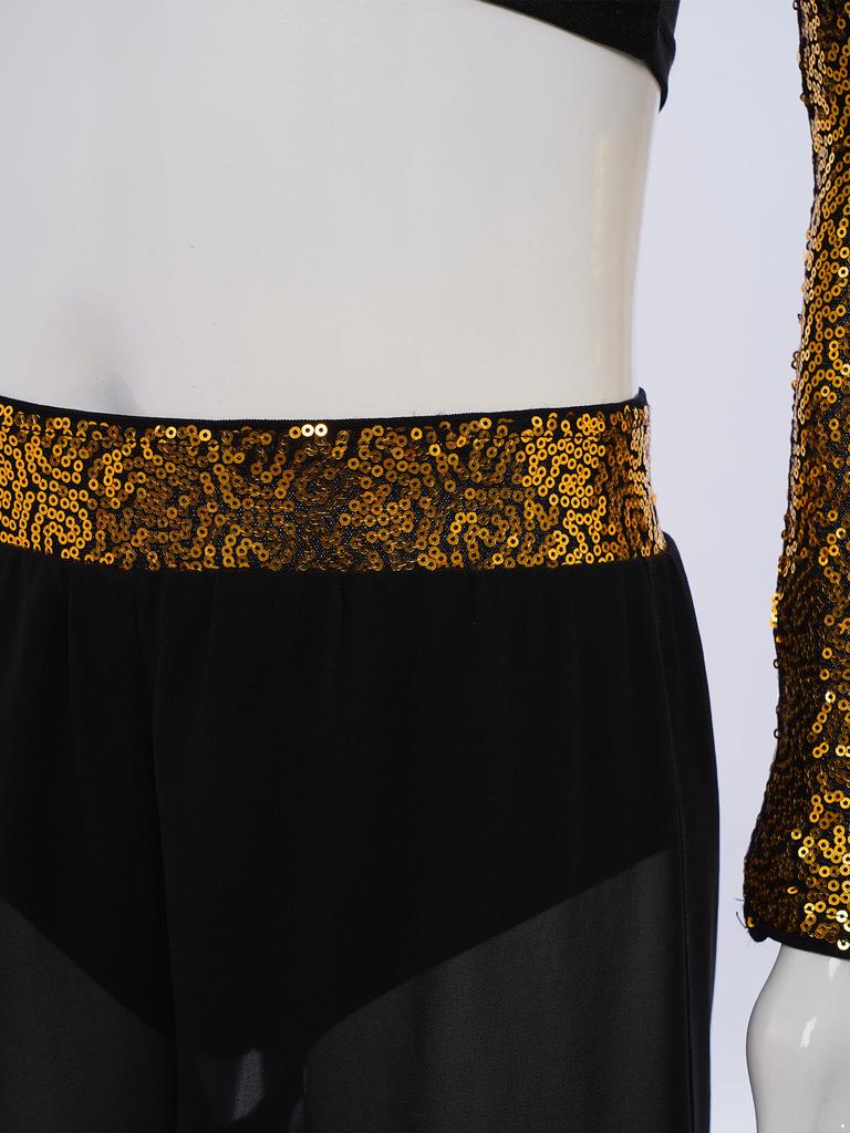 Girls Dance Two Piece Set Mock Neck Long Sleeved Sequins Cutout Back Crop Top with Chiffon Pants