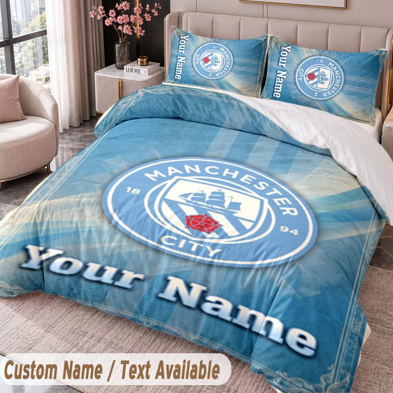 Manchester City Printed Bedding Set Custom Name Text 1 Duvet Cover 2 Pillowcases For Bedroom
