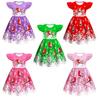 Kids Girls Cartoon Santa Claus Christmas Tree Elk Print Ruffle Sleevess New Year Dress