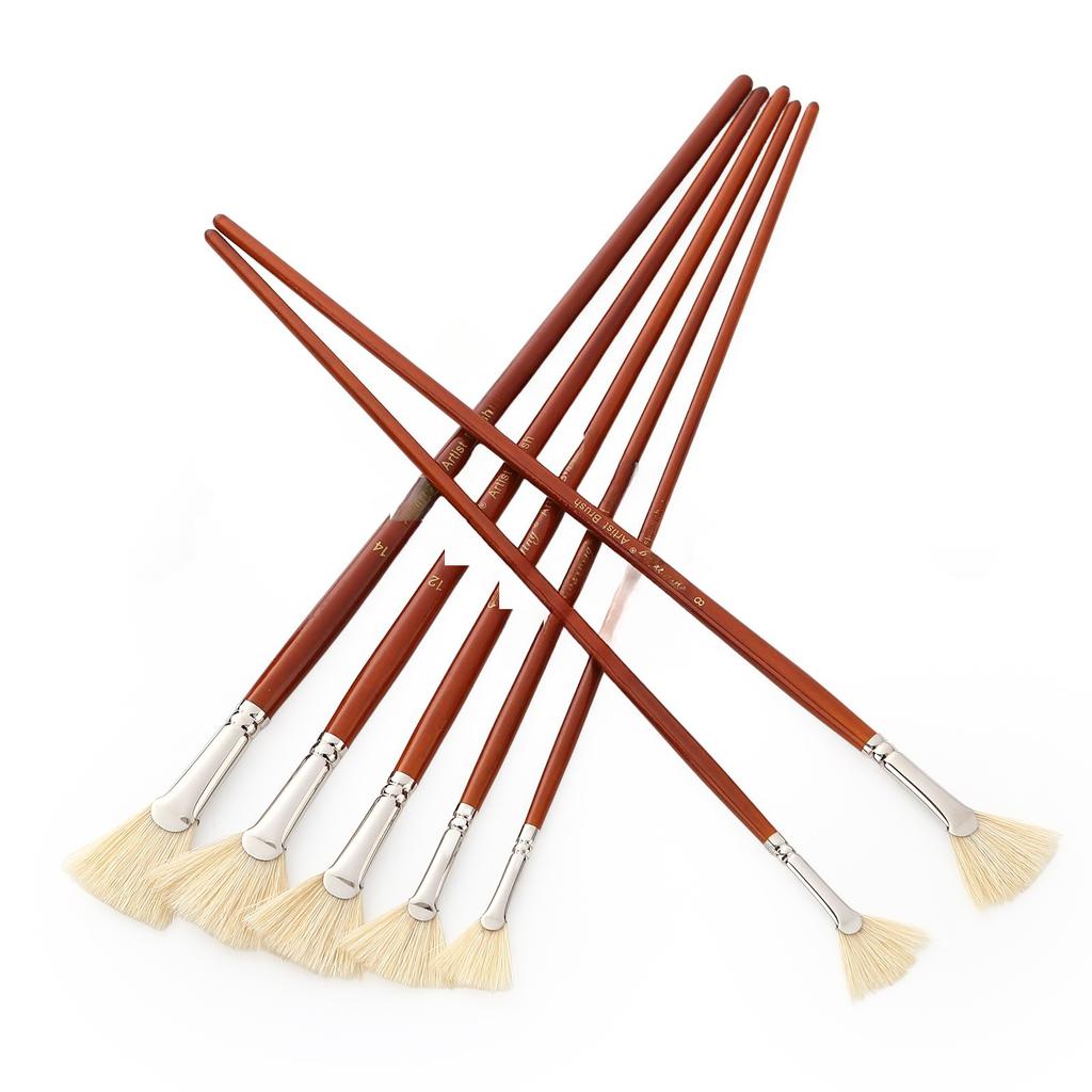 Professional Fan Brush for Painting 7pcs Oil Paint Brushes Set with Hog Bristle Natural Hair and Long Wood Handle Artist Fan Brushes for Acrylic Wa