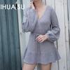 Autumn and Winter Fashion Dress Solid Colour Tie Rope V-neck Knit Sweater Women's Mid-length Jumper