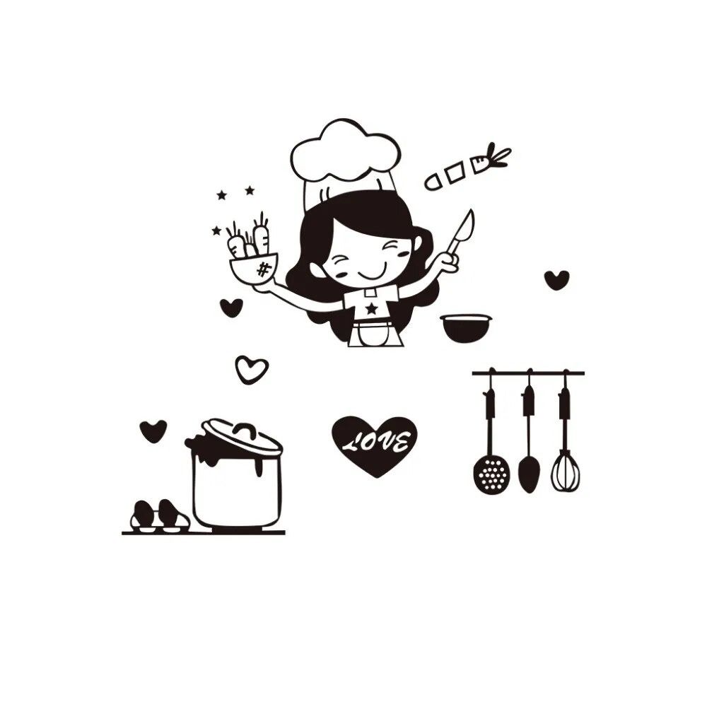 Cartoon Happy Girl Chef Sticker Black Kitchen Decal Easy Clean Loves Cooking Wall Sticker Kitchen