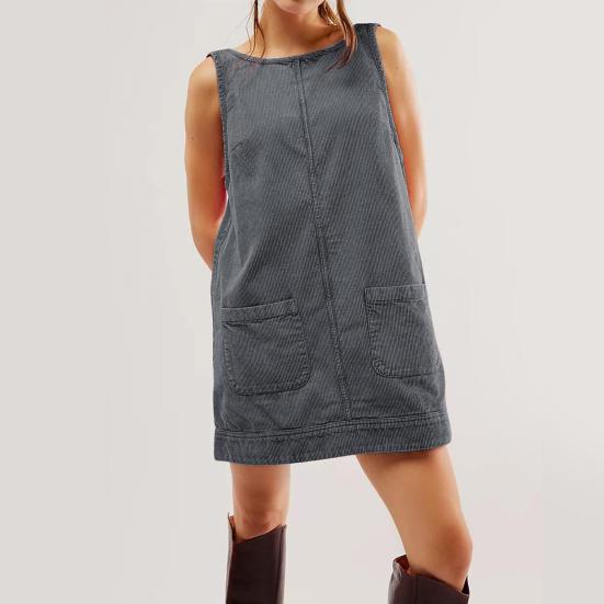Женское платье с боковыми карманами, без рукавов, с открытой спиной, с круглым вырезом, свободное однотонное мини-платье, длиной выше колена, повседневное платье