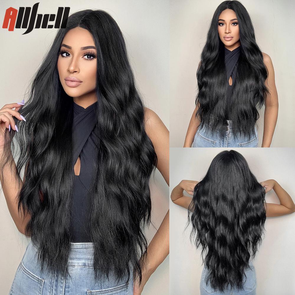 Длинные черные парики из синтетических волос со светлыми челками, естественная волна для женщин, костюм для косплея на Хэллоуин, парик, термостойкий для вечеринок