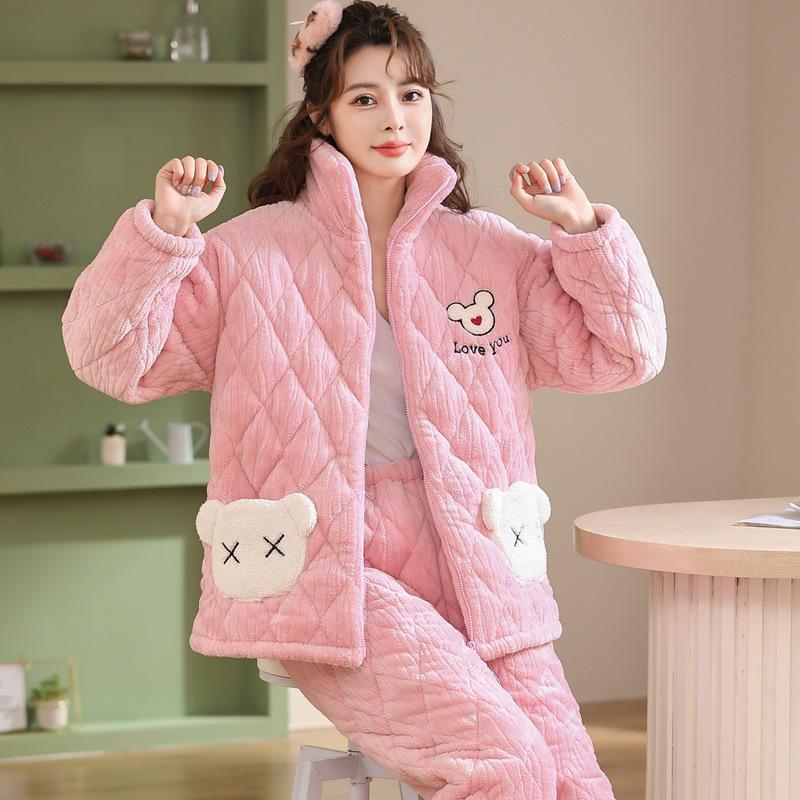 Коралловая бархатная трехслойная стеганая куртка и пижама для женщин Зимний фланелевой домашний костюм с очень толстой теплой молнией и бархатом