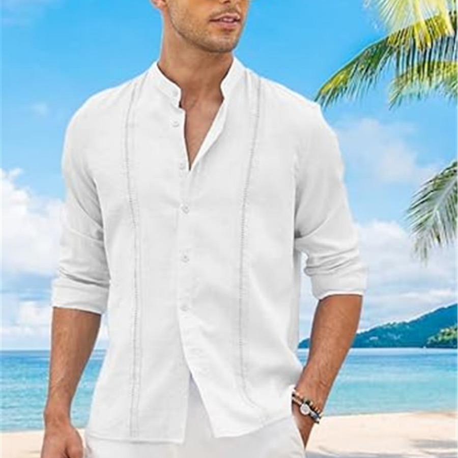 Cotton Linen Shirt Stand Up Collar Men's Shirt Casual Buttons Summer Beach Vacation Tops Grey Black White Khaki Shirts