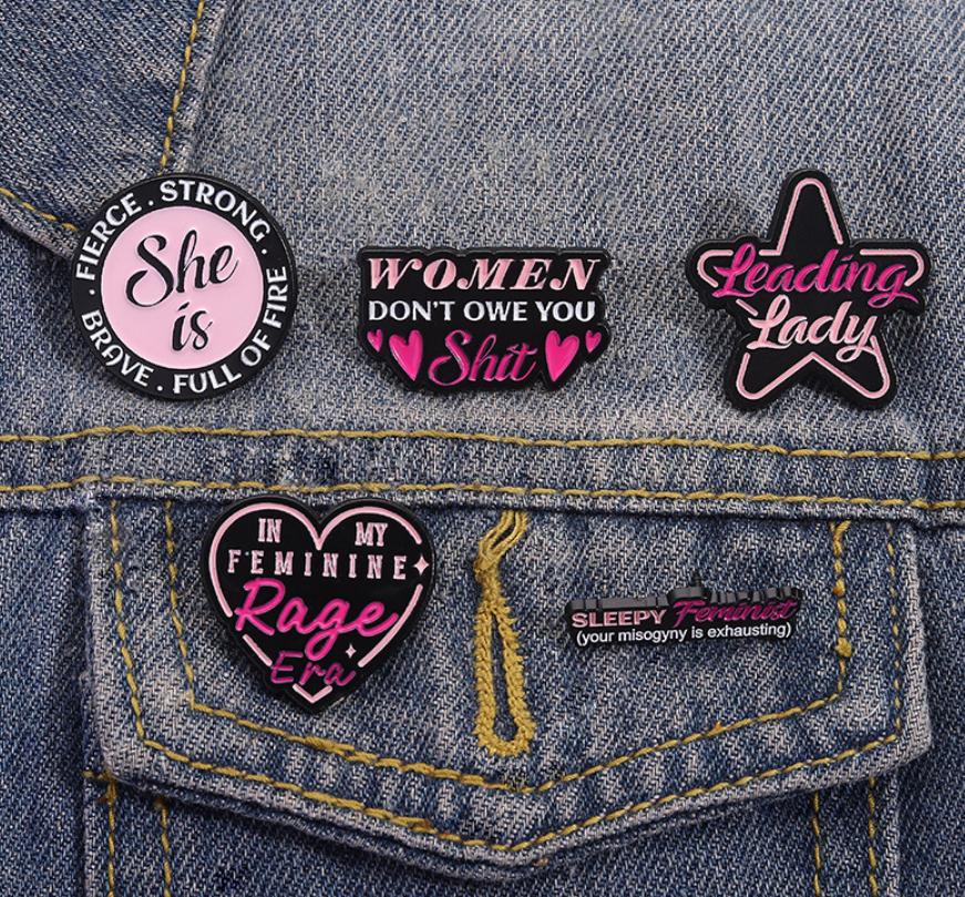 Love Theme Black Nickel Painted Enamel Pin Strong Women Empowerment Brooch Lapel Badge Jewelry Gift for Friends