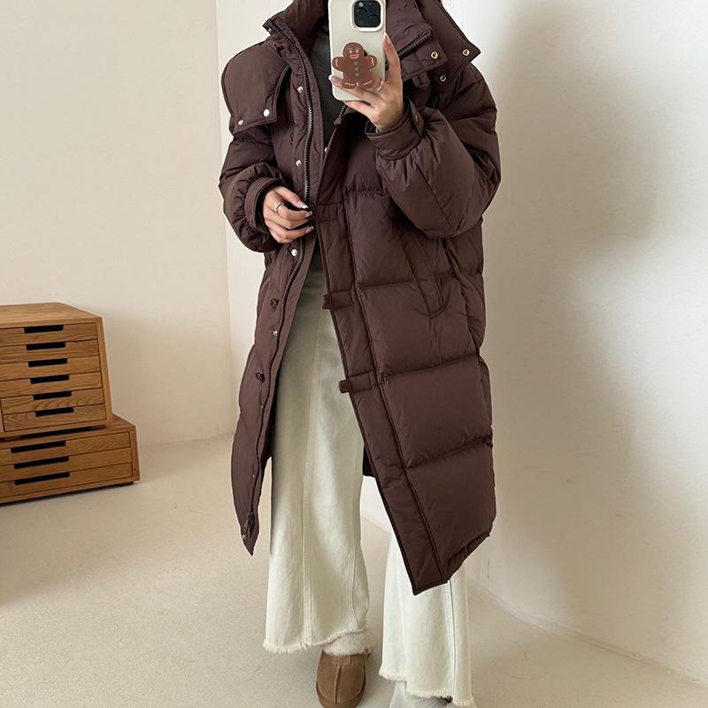 Белая гусиная пуховая длинная женская куртка 2024 года, зимняя утолщенная, с круглыми пуговицами, выше колена, куртка премиум-класса для колледжа