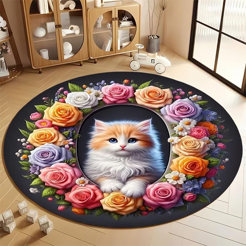 Floral Cat Round Rug for Cozy Living Spaces round carpet for home sofa bedroom, gift