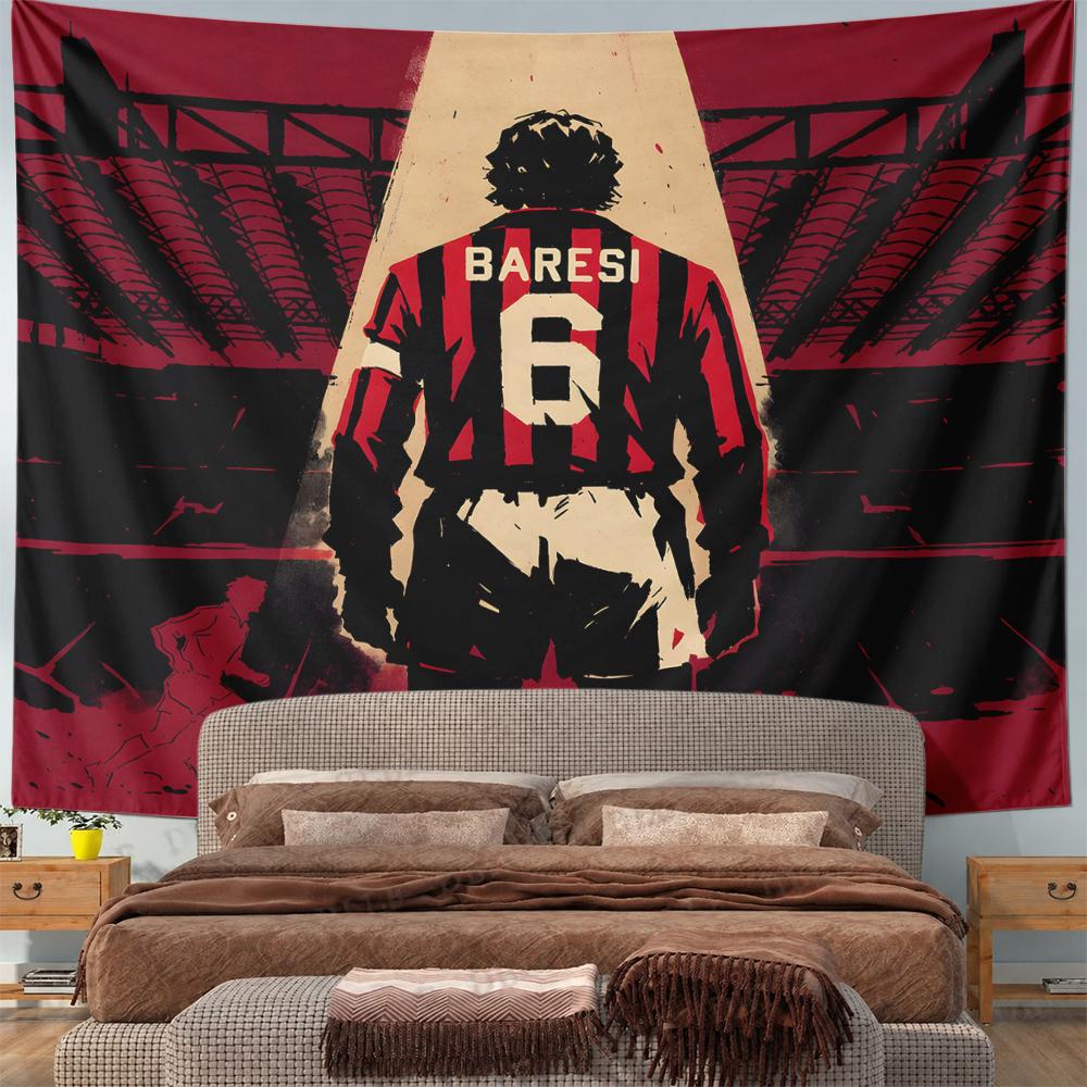 Franco Baresi AC Milan Legend Wall Tapestry Number 6 Striped Jersey Back View Stadium Spotlight Retro Decor for Fan Gift