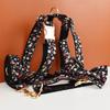 Black Floral Cotton Breathable Dog Harness And Leash Set Bowtie Pet Collar Leads Custom Name Pet Necklace