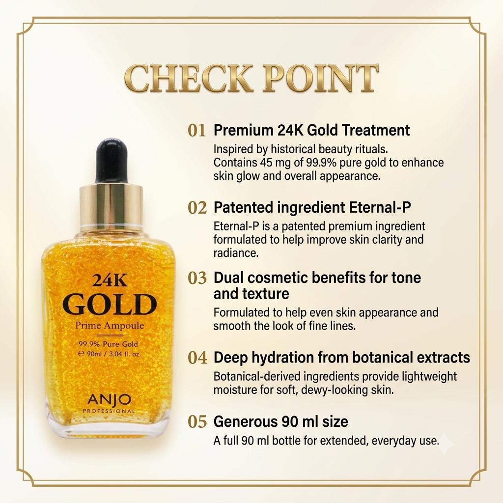 ANJO 24K Gold Prime Ampoule, Hydrating Facial Serum, 90ml – Luxury Gold Infused Hydrating Serum