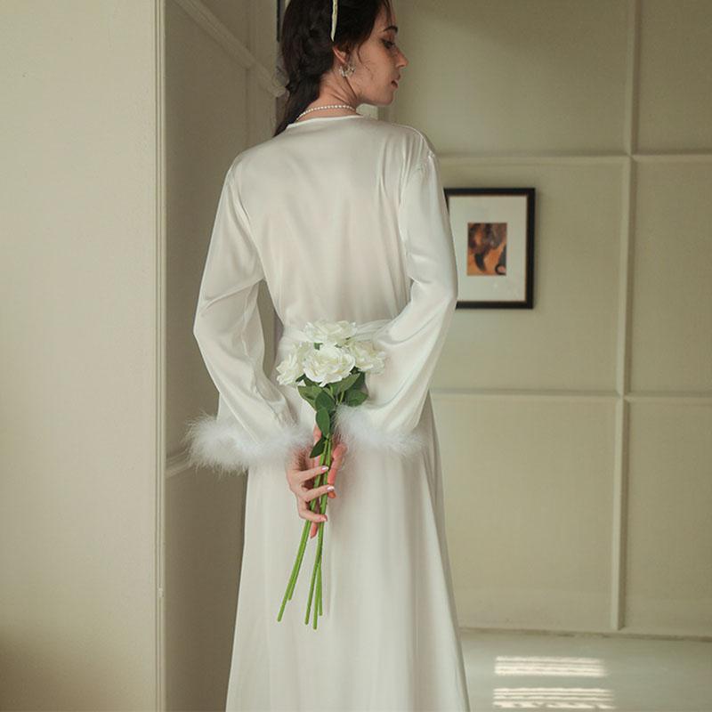 Sexy Wedding Morning Feather Robe Women Long Kimono Bathrobe Gown Spring Summer Satin Sleepwear Nightgown Loose Home Dress