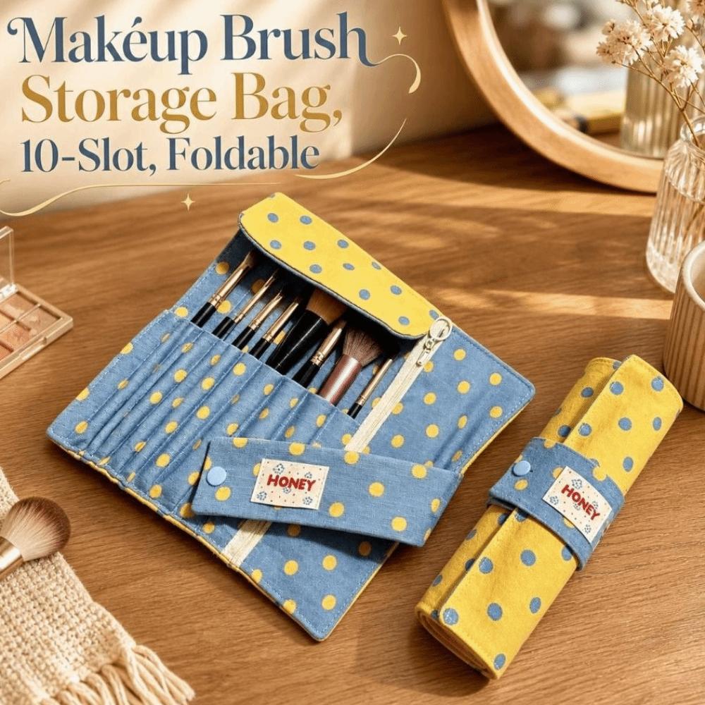 Polka-Dot Cosmetic Brush Organizer Foldable Makeup Brush Bag Travel Storage