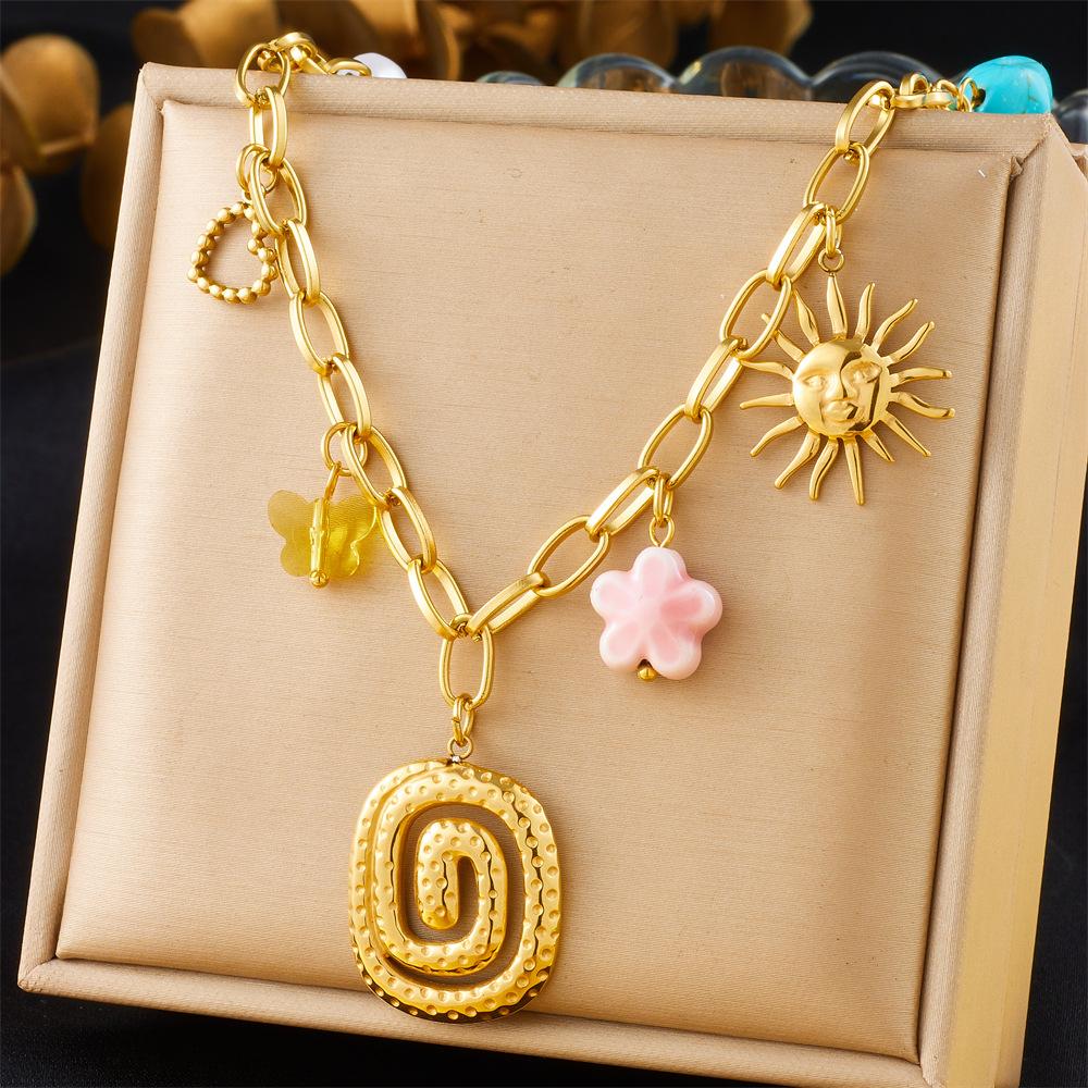 Fashion Spiral Oval Heart Pendant Sweater Chain Crystal Butterfly Flower Multi Element Accessory Necklace