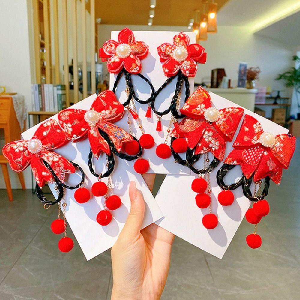 2 шт. кисточка новогодний головной убор китайский стиль красный парик коса шпилька детская заколка для волос